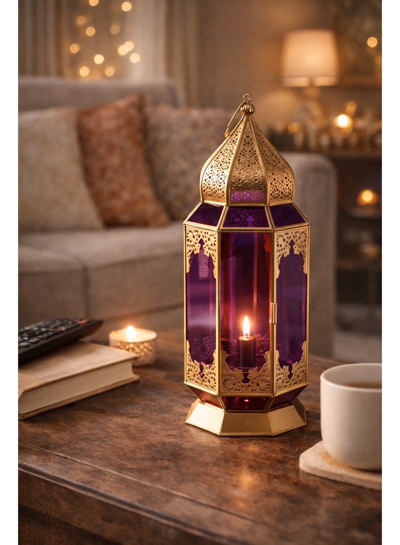 OLUDENIZ Golden Glass Candle Lantern – Decorative Iron & Glass Moroccan Lantern – 28cm Height – Home & Ramadan Décor - Image 1